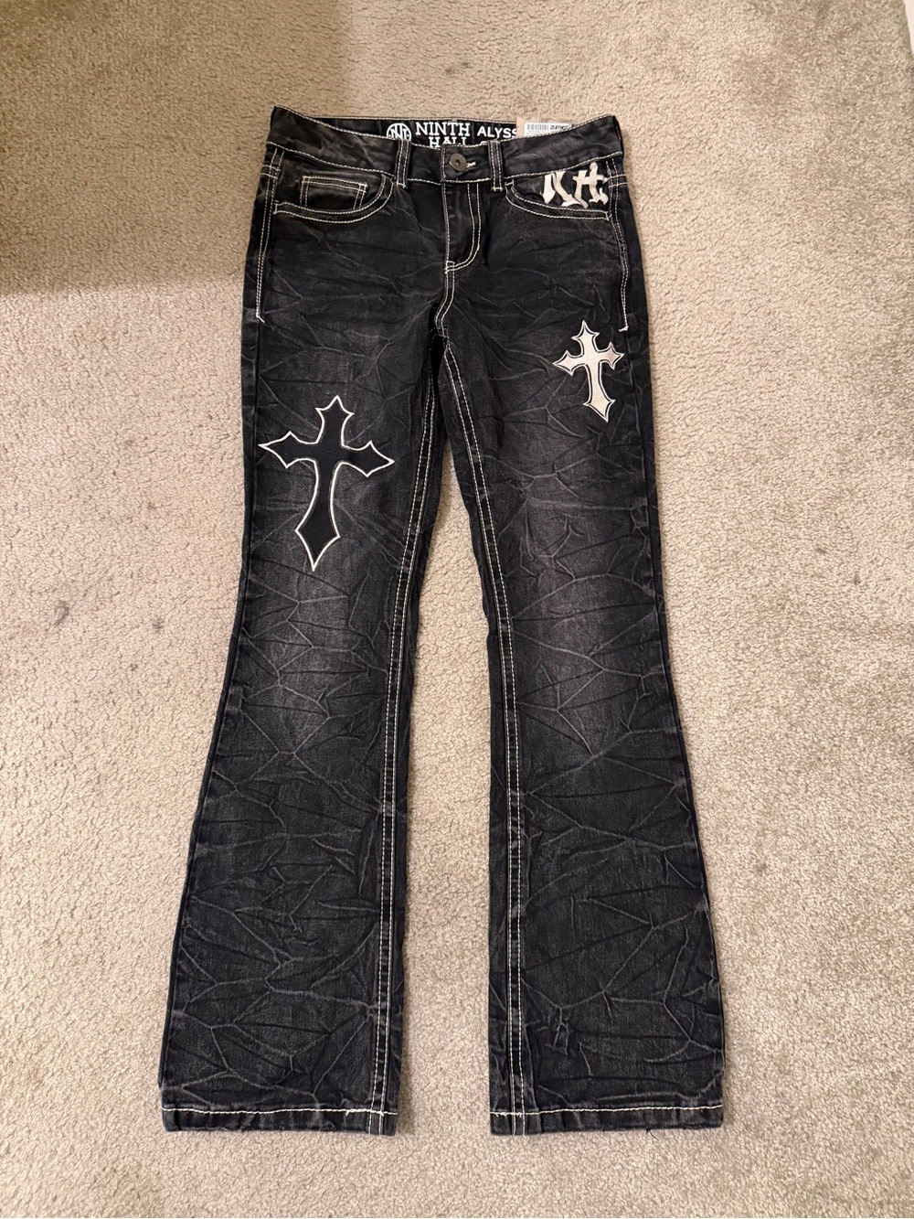 Ninth Hall  Black Flare Jeans with Cross Appliqués